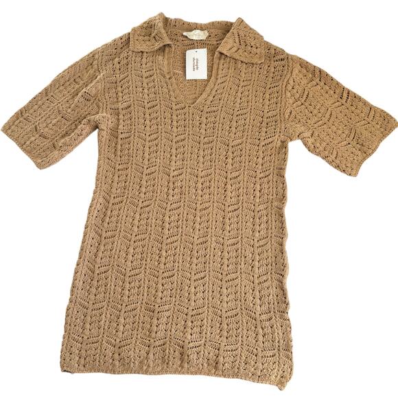 Simple Threads Tan Crochet Knit Polo Mini Dress Womens Small/Medium Vacation NWT - Picture 1 of 6